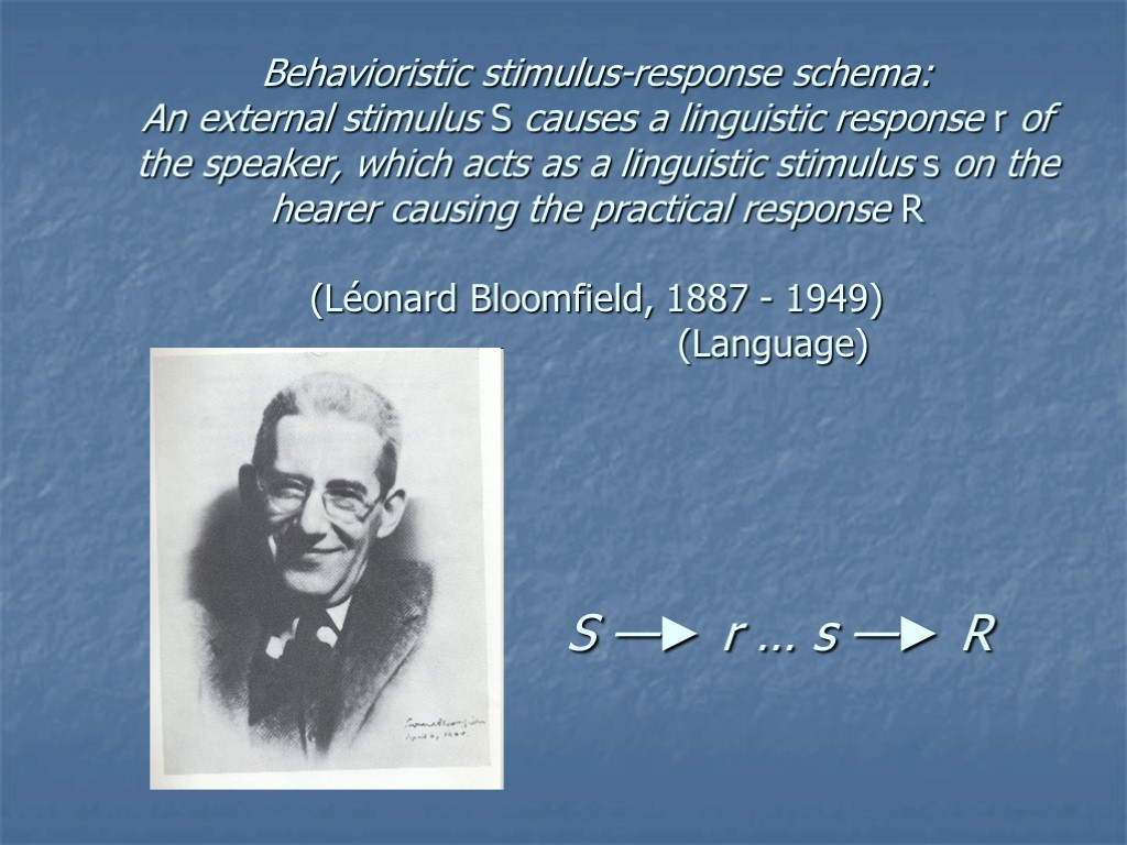 Behavioristic stimulus-response schema: An external stimulus S causes a linguistic response r of the